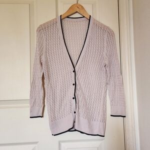 Vintage knitted beige tan cardigan with black trim